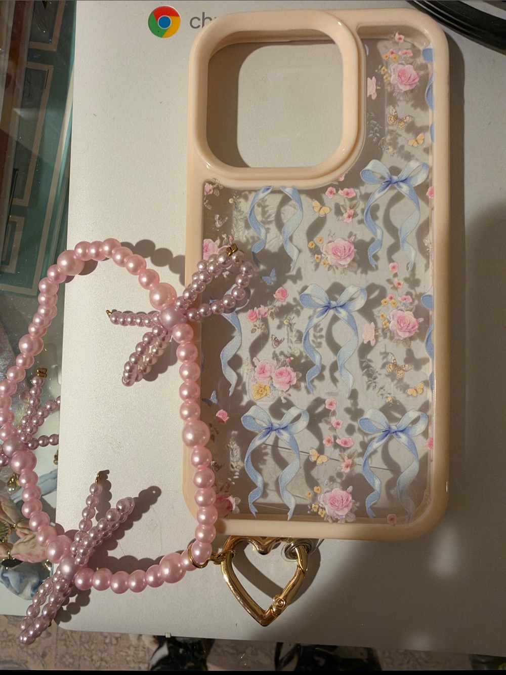 LoveShackFancy Pink Floral & Blue Ribbon Clear Phone Case with Gold Heart Charm